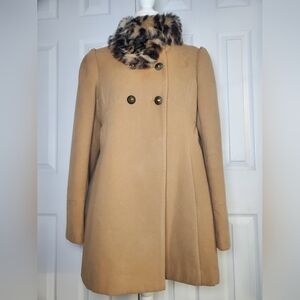 Womens Double Breasted Faux Fur Collar Dress Coat With Pockets And Full Lining